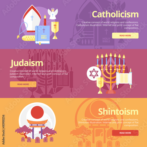 Flat banner concepts for catholicism, judaism, shintoism.