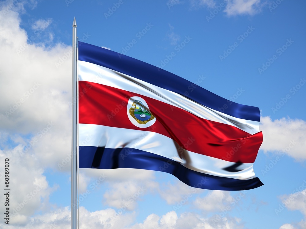 Costa Rica 3d flag floating in the wind in blue sky Costa Rica 3d flag floating in the wind in blue sky