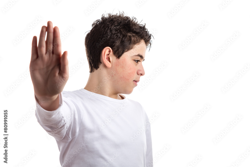 Talk to the hand gesture by Caucasian teen with acne skin Talk to the hand gesture by Caucasian teen with acne skin