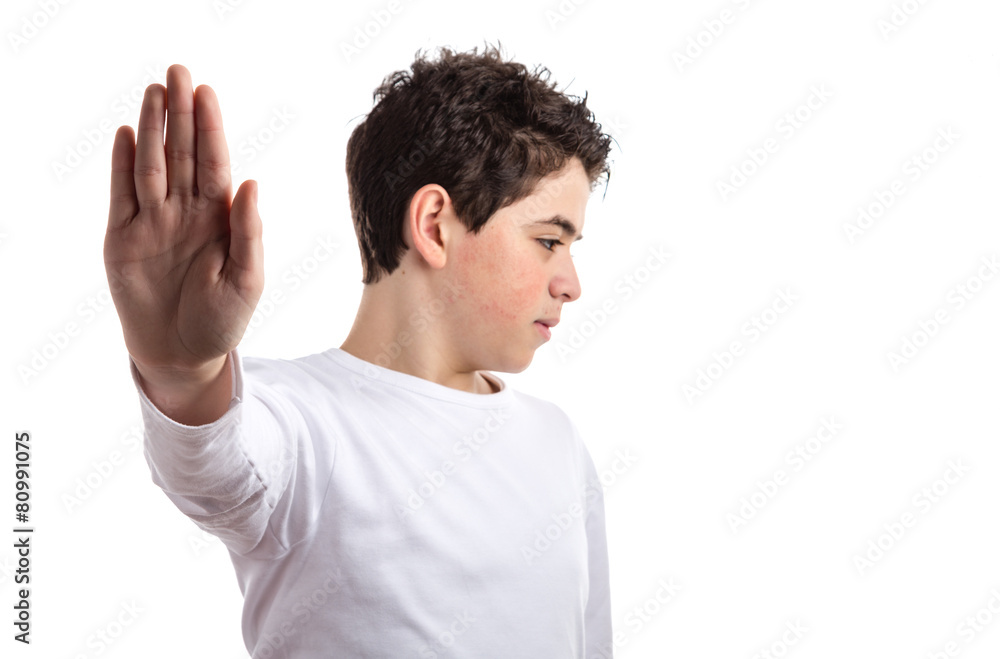 Talk to the hand gesture by Caucasian teen with acne skin Talk to the hand gesture by Caucasian teen with acne skin