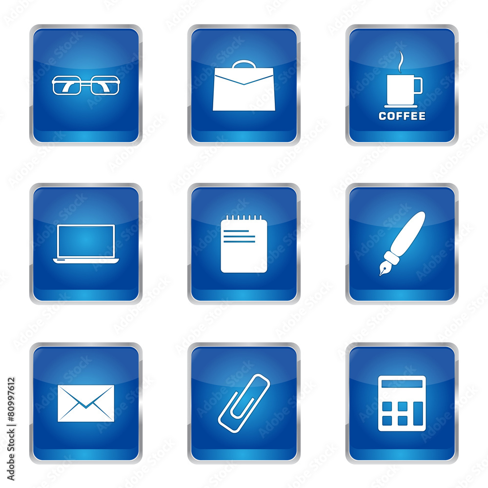 Office Work Square Vector Blue Icon Design Set Office Work Square Vector Blue Icon Design Set