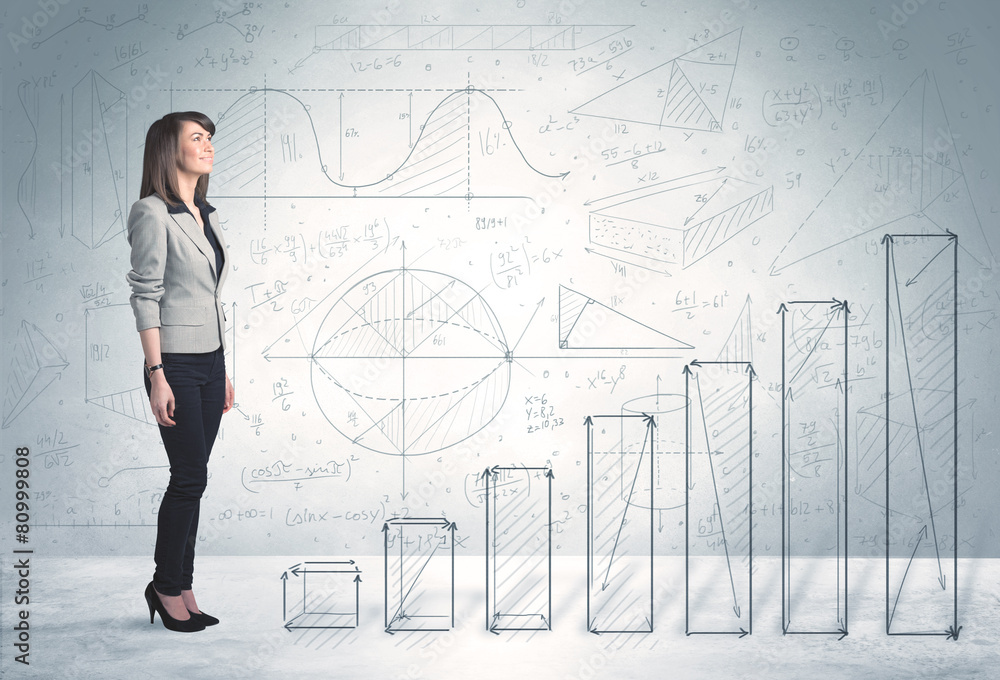 Business woman climbing up on hand drawn graphs concept Business woman climbing up on hand drawn graphs concept