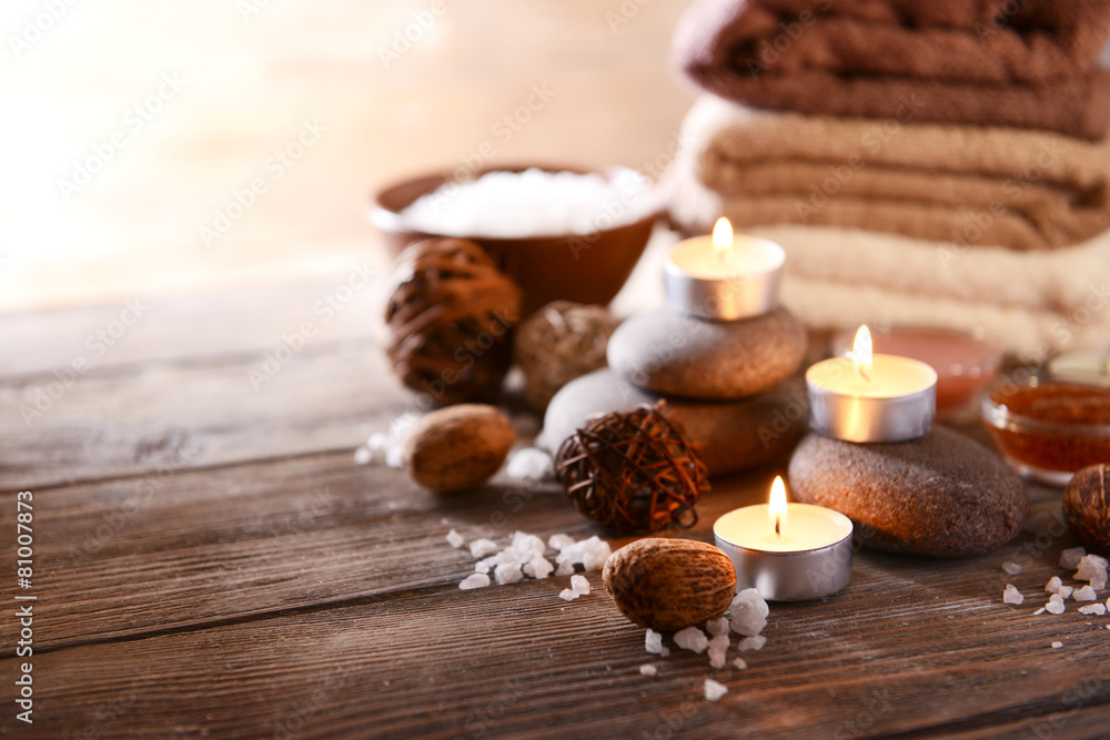 Composition of spa treatment on wooden background Composition of spa treatment on wooden background