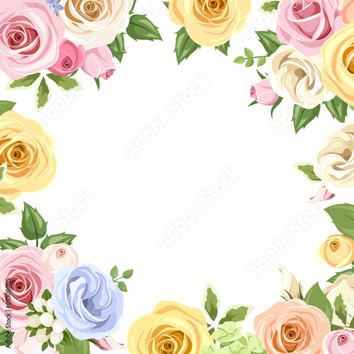 Card with colorful roses and lisianthus flowers. Vector eps-10.
