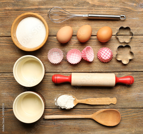 Food ingredients and kitchen utensils for cooking
