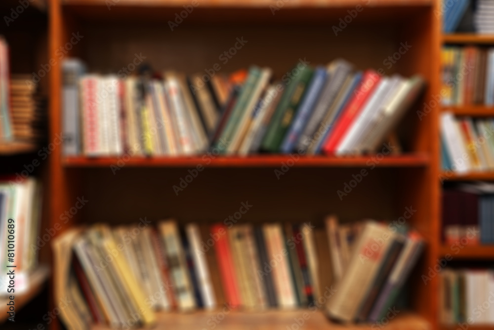 Many books on bookshelf in library Many books on bookshelf in library