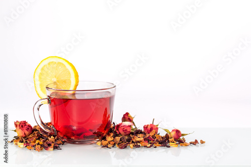 isolated transparent mug of red tea with slice lemon