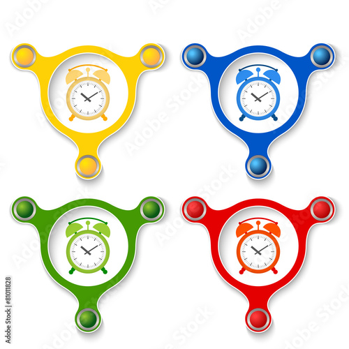 four abstract vector objects and a colored alarm clock