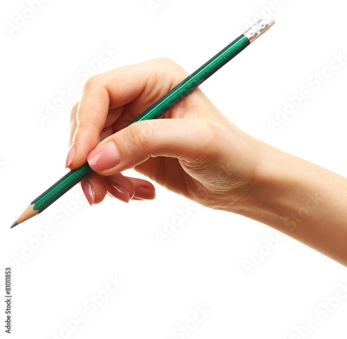 Female hand with pencil isolated on white