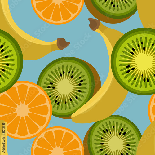 Seamless colorful background with bananas, kiwi and oranges