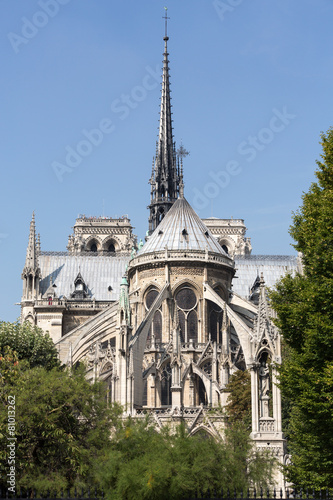 The spire and east side of Cathedral Notre Dame , Paris