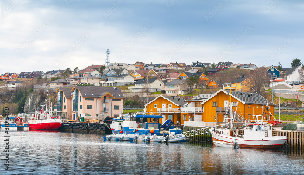 Fishing village, wooden houses and boats, Norway