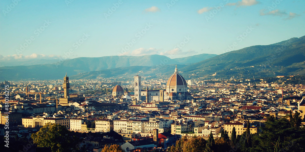 Florence Cathedral vintage effect. City view and Firenze Duomo.