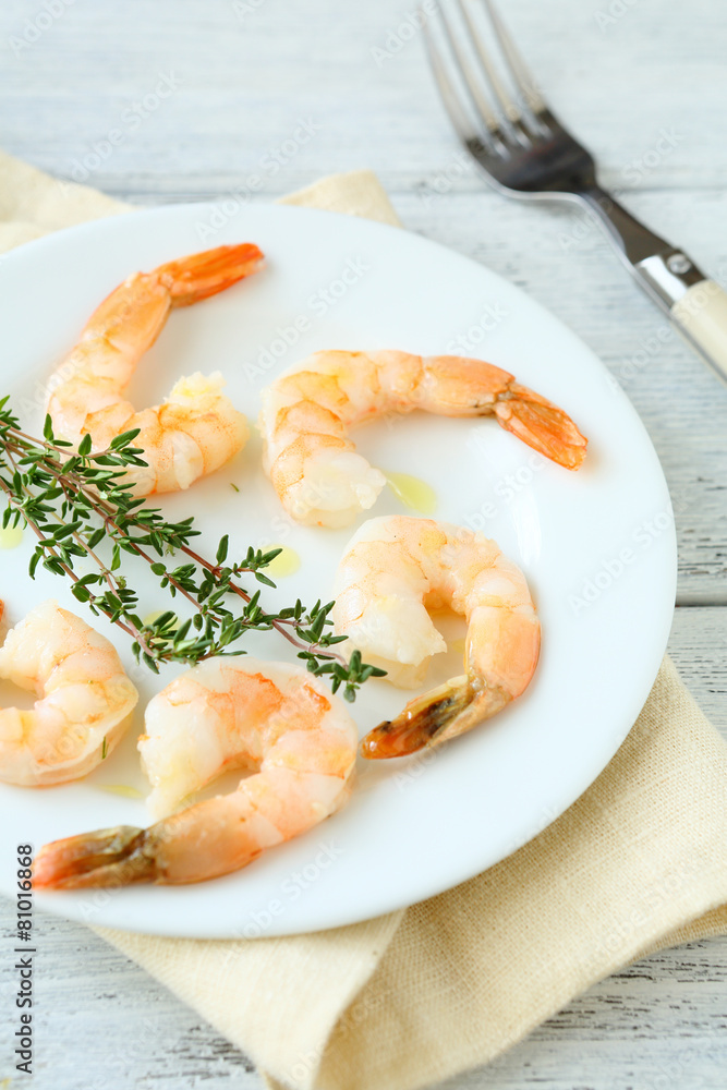 Tasty shrimp on white plate Tasty shrimp on white plate