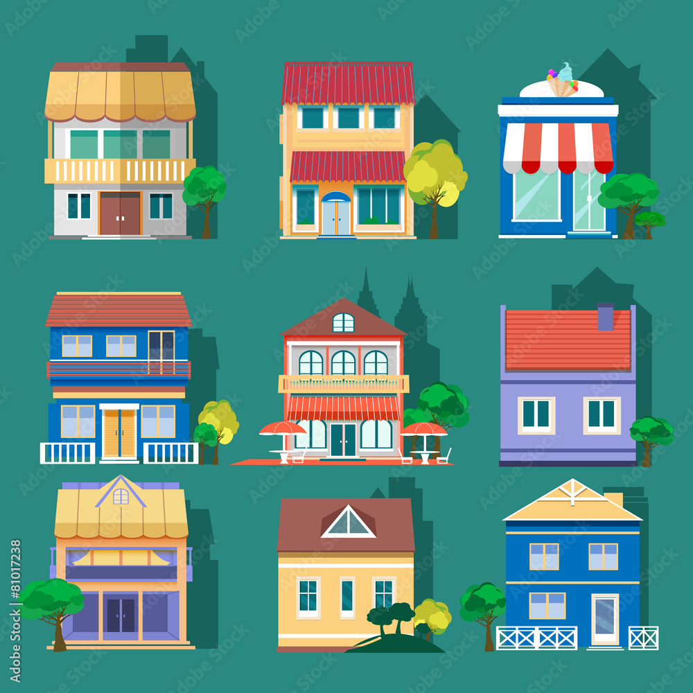 Flat design colored buildings set. Vector illustration