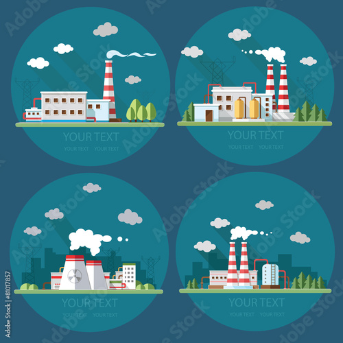 Industrial landscape set. The nuclear power plant and factory on