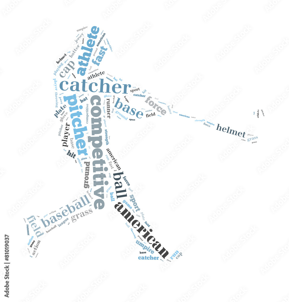 Fototapeta premium Baseball batter hits the ball, blue and gray letters on white