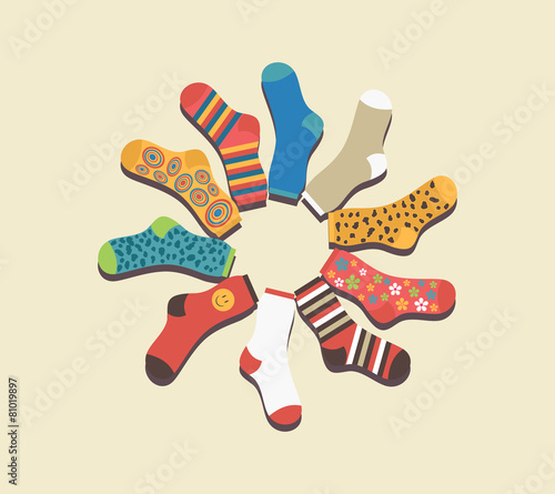 Vector colored socks in a circle on a beige background