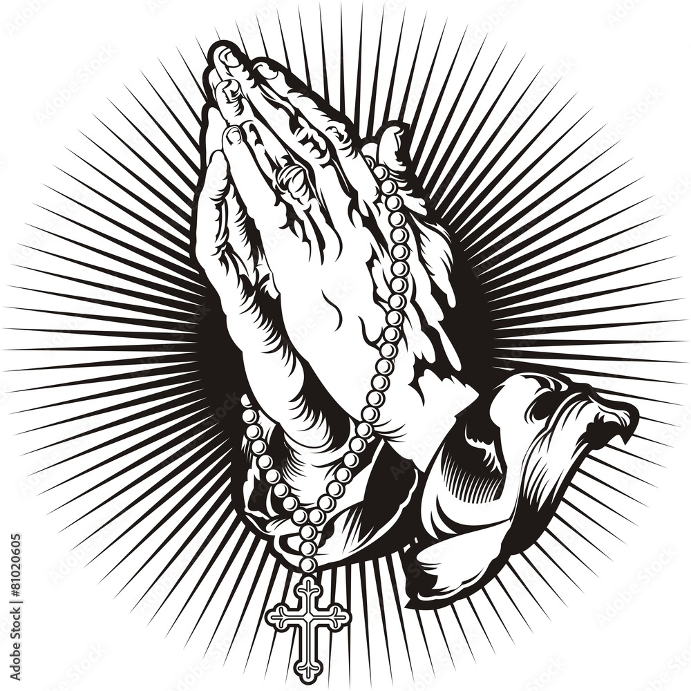 Obraz premium Praying hands with rosary and shining tattoo