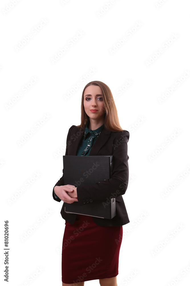 Portrait of smiling business woman with paper folder, isolated o