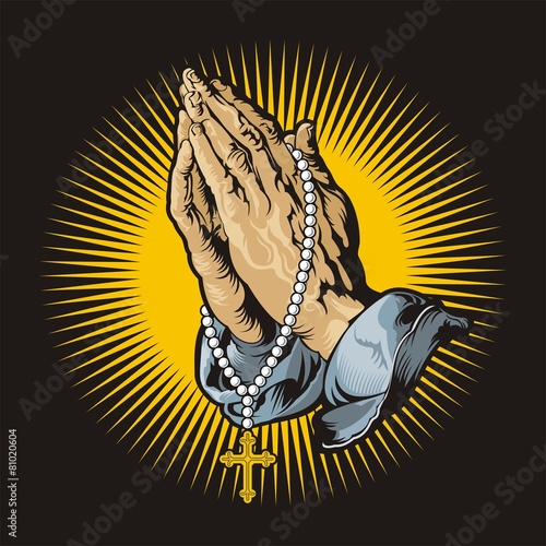 Praying hands with rosary and shining tattoo