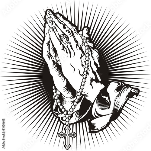 Praying hands with rosary and shining tattoo