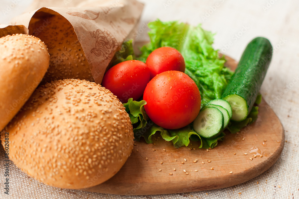 Hamburger ingredients on table Hamburger ingredients on table