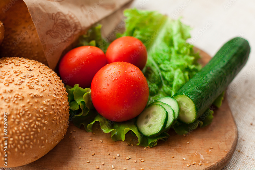 Hamburger ingredients on table Hamburger ingredients on table