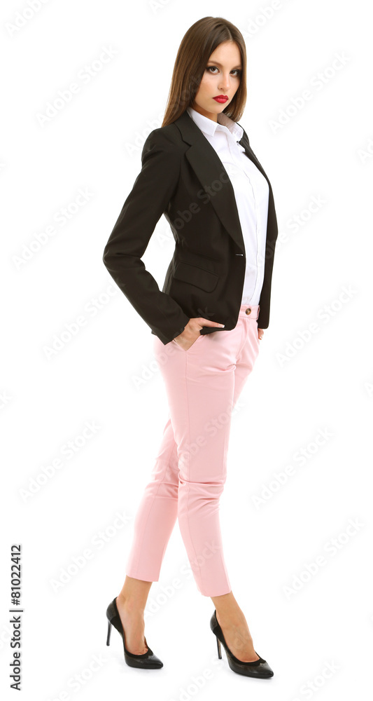 Fototapeta premium Beautiful model in white shirt, pink pats and black jacket isolated on white