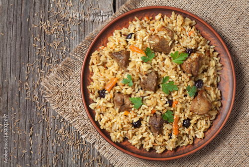 Arabic national rice food called pilaf cooked with fried meat