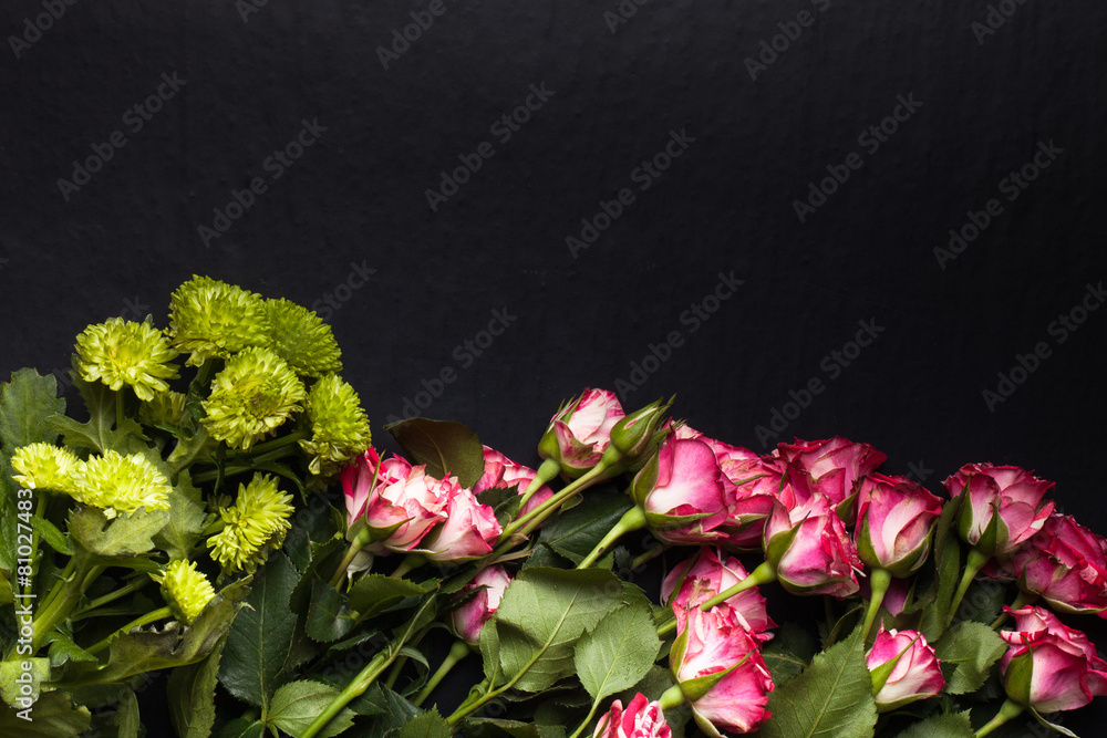 Fototapeta premium Roses with a lot of leaves on a black background. Space for text