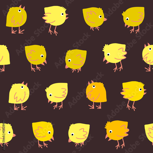 Yellow and Orange  chickens on a Brown Background. Endless textu