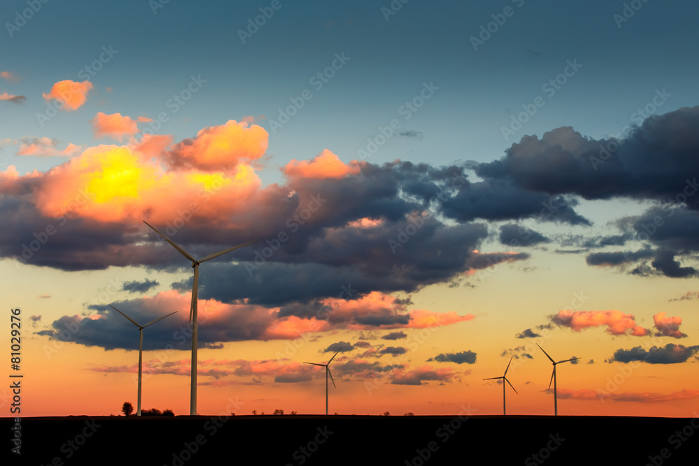 Eco power, wind turbines in sunset