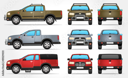 Vector Pickup Truck - Side - Front - Rear view