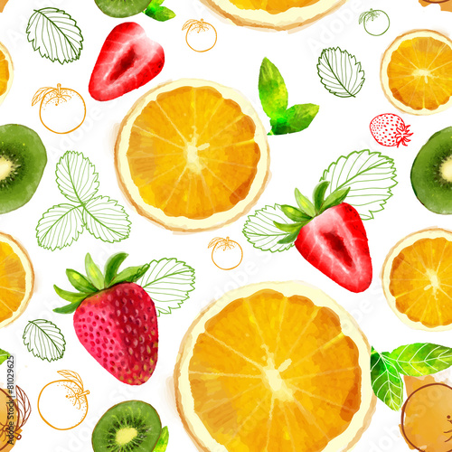 Fototapeta Naklejka Na Ścianę i Meble -  Fruit seamless pattern mixture of orange,kiwi slices, strawberry
