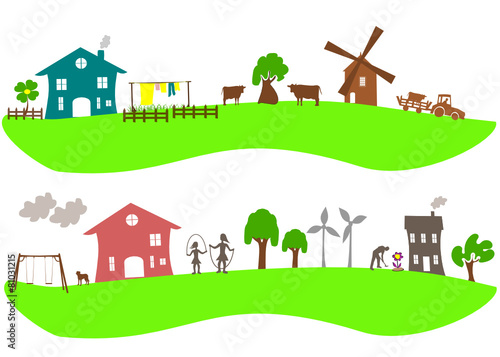 bannière dessin d'enfant de maisons à la campagne avec éolienne