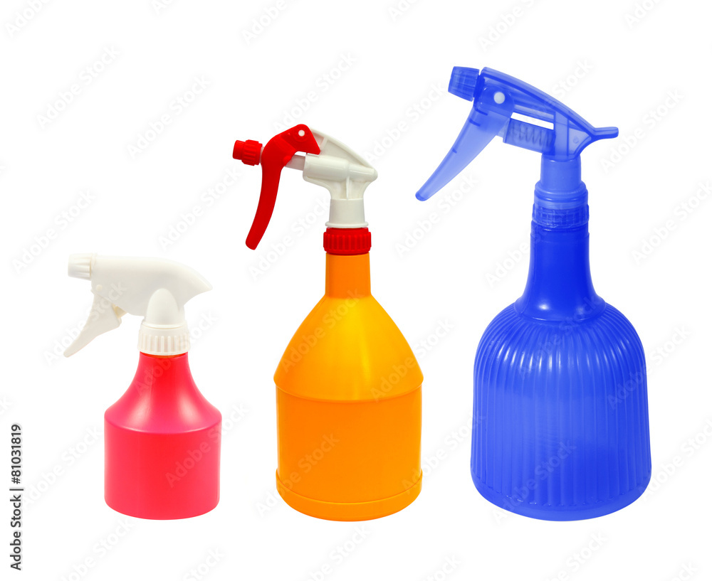 set of four spray bottles isolated on white background set of four spray bottles isolated on white background
