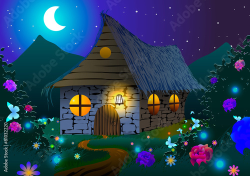 Fairy-tale house on a meadow with flowers