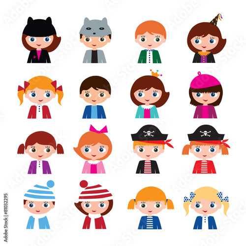 Schoolgirls and schoolboys with different hairstyles and hats.