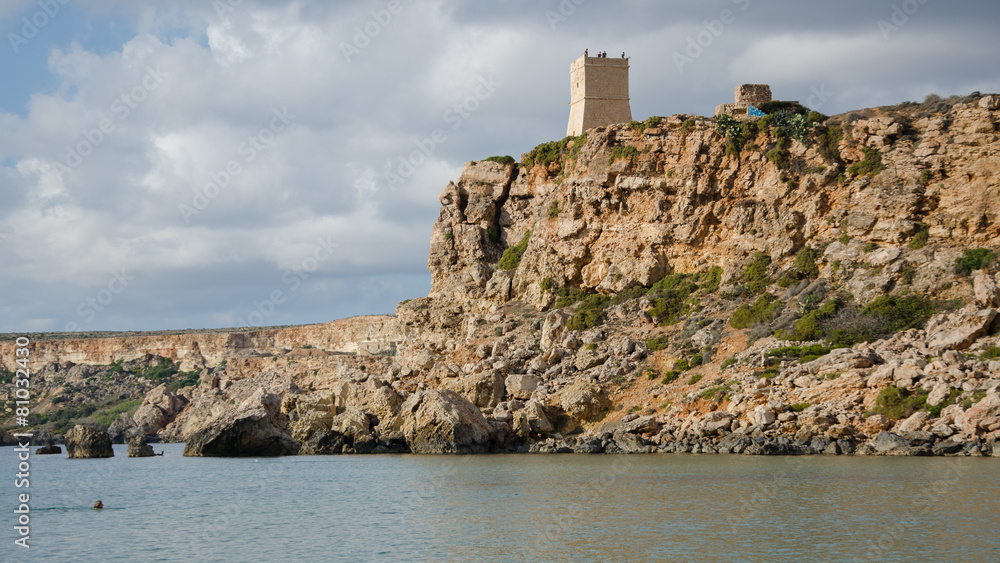 A defense tower next to the Ghajn Tuffieha Bay in Malta