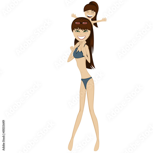 A little brunette girl sit on her mother's neck