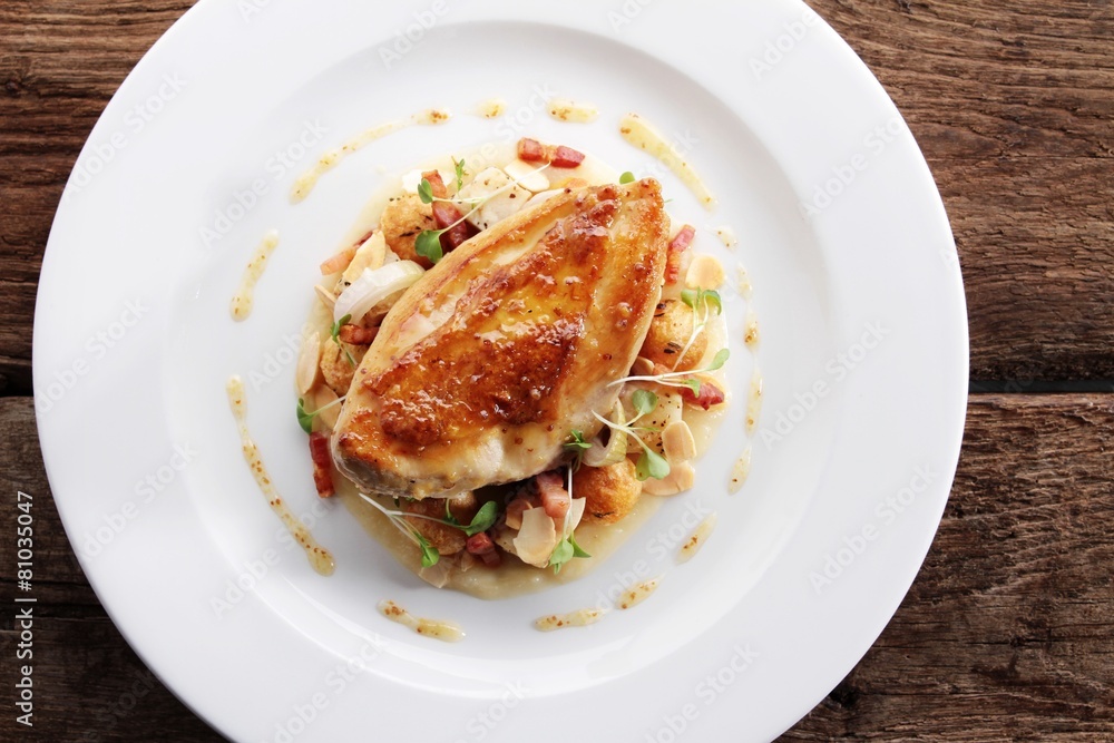 pan fried chicken breast plated main meal pan fried chicken breast plated main meal