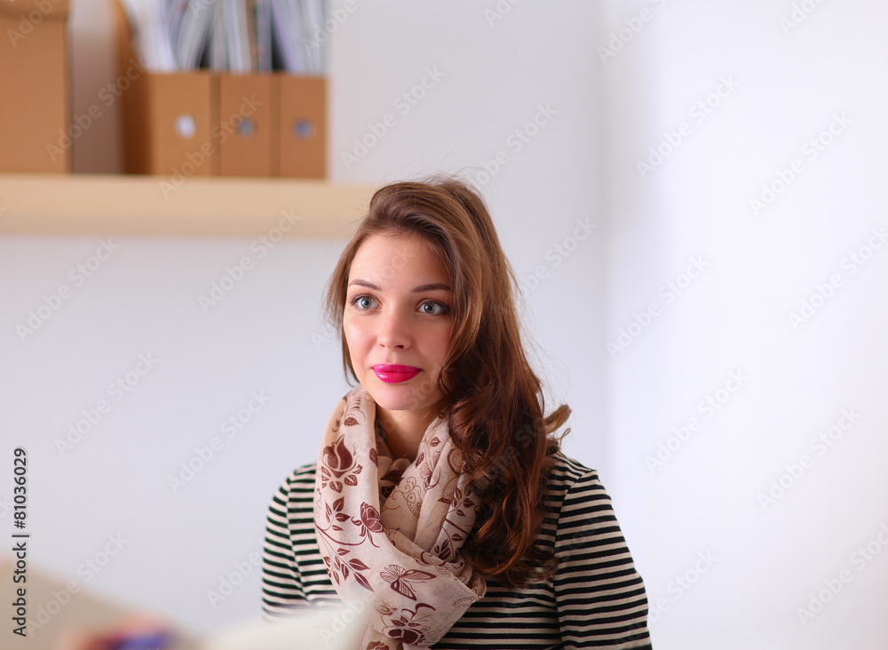 Portrait of happy brunette with mug in hands Portrait of happy brunette with mug in hands