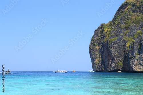 Maya Bay lagoon with Motor boat on turquoise water © geargodz