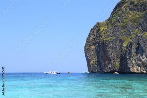 Maya Bay lagoon with Motor boat on turquoise water © geargodz