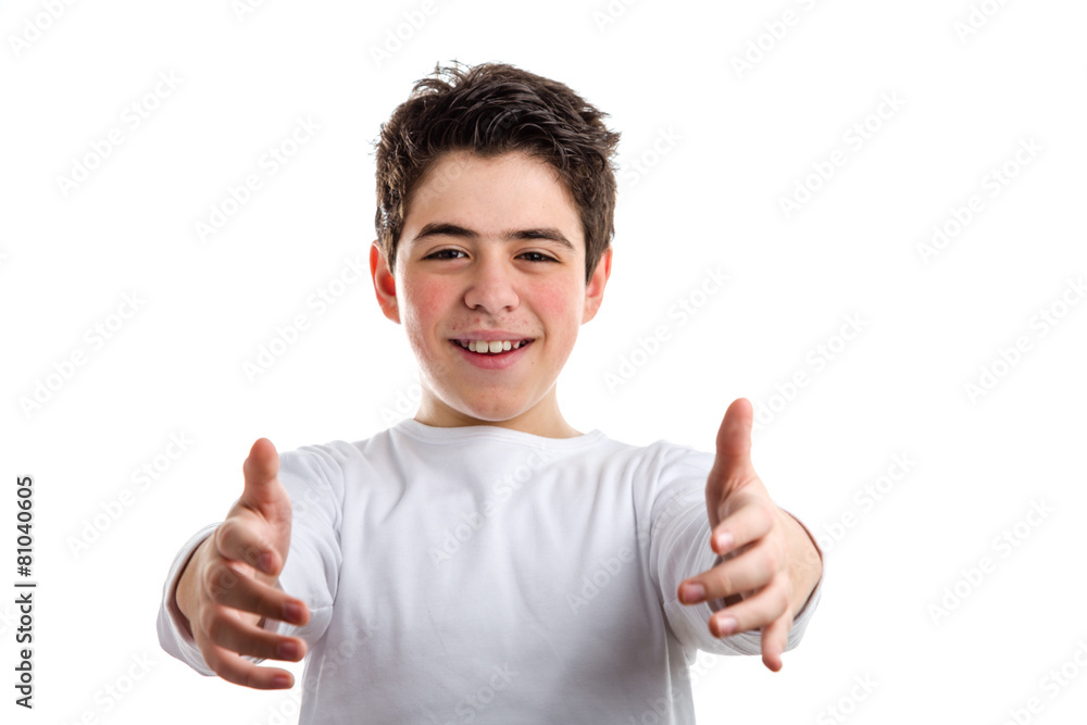 Caucasian boy with acne-prone skin offering a hug Caucasian boy with acne-prone skin offering a hug