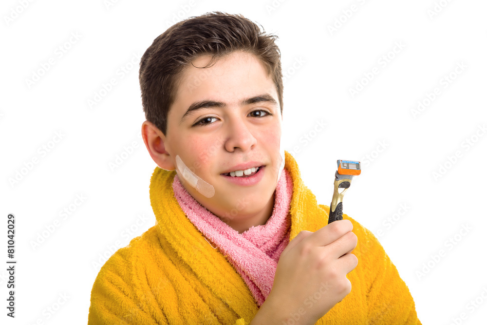 Caucasian smooth-skinned boy in yellow bathrobe and pink towel s Caucasian smooth-skinned boy in yellow bathrobe and pink towel s