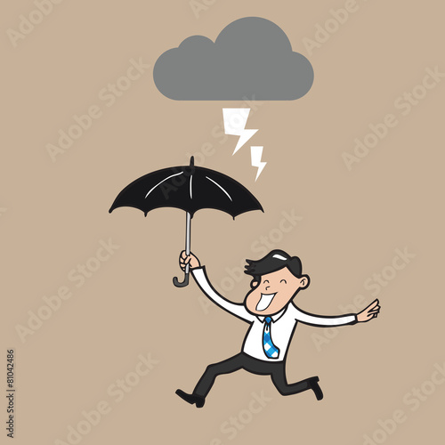 Businessman holding umbrella running in strom