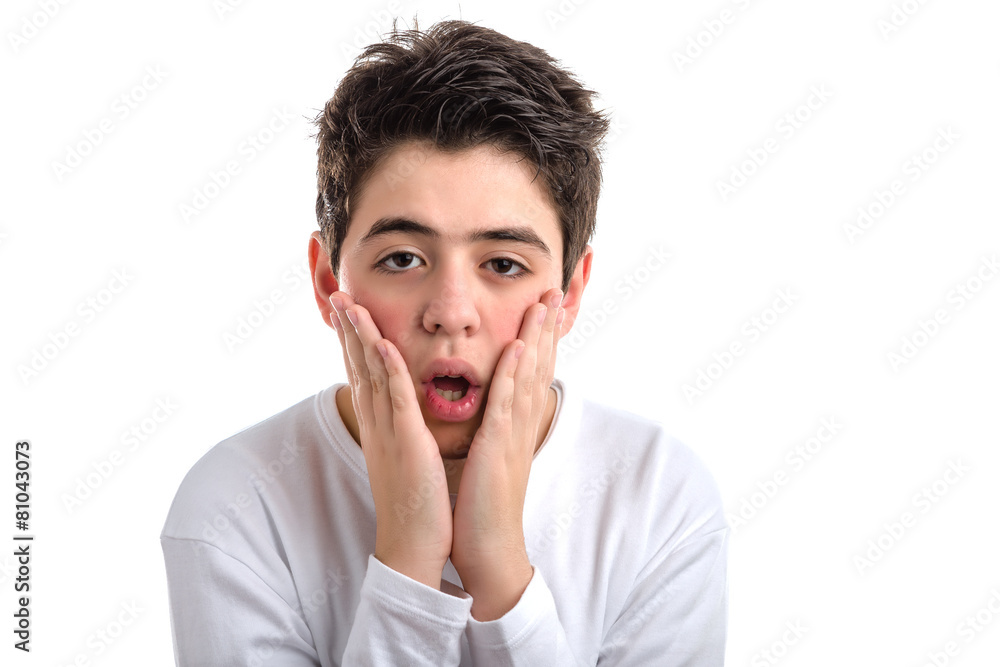Caucasian smooth-skinned boy placing hands on face Caucasian smooth-skinned boy placing hands on face