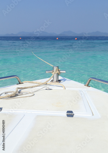 Bow of motor boat with sea